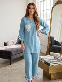 Autumnlane - Women's Embroidered Blue Kurti with Pant