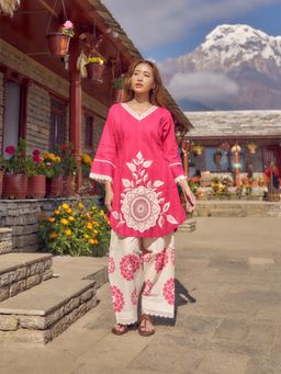 Autumnlane - Women's Floral Pink Kurti with Farshi Salwar