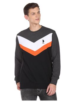 U.S. POLO ASSN. - Men Grey and Black Crew Neck Colour Block Sweatshirt