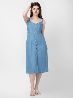 Spykar - Women Ice Blue Cotton Sleeveless Midi Denim Dress