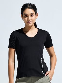 DOMIN8 - Women Black Stylish V-Neck Cut & Sew Super Stretch Breathable T-shirt