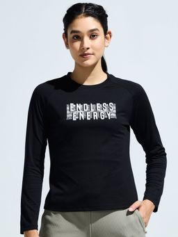 DOMIN8 - Women Black Stretchable Raglan Full Sleeve Graphic Print T-shirt