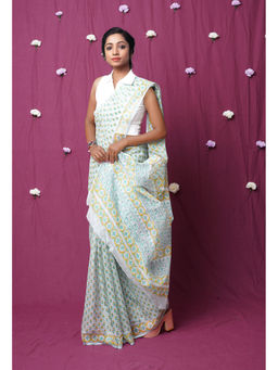 Unnati Silks - Grey Pure Hand Block Printed Kota Saree with Unstitched