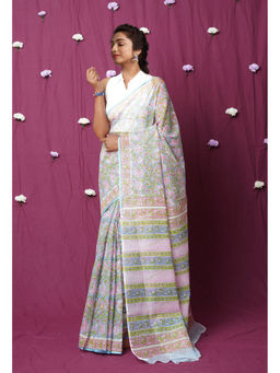 Unnati Silks - Blue Pure Hand Block Printed Kota Saree with Unstitched