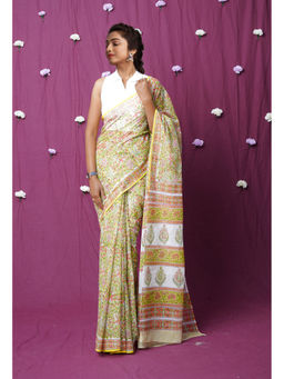Unnati Silks - Yellow Pure Hand Block Printed Kota Saree with Unstitched