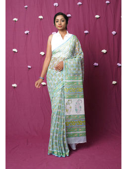 Unnati Silks - Blue Pure Hand Block Printed Kota Saree with Unstitched