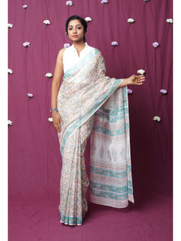 Unnati Silks - Orange Pure Hand Block Printed Kota Saree with Unstitched