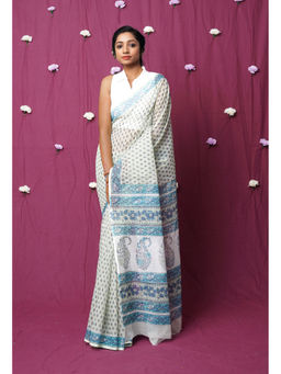 Unnati Silks - Green Pure Hand Block Printed Kota Saree with Unstitched