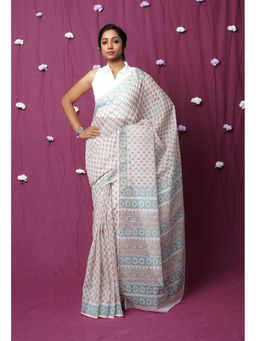 Unnati Silks - Peach Pure Hand Block Printed Kota Saree with Unstitched