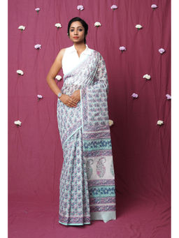 Unnati Silks - Green Pure Hand Block Printed Kota Saree with Unstitched