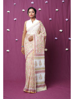 Unnati Silks - Yellow Pure Hand Block Printed Kota Saree with Unstitched
