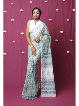 Unnati Silks - Green Pure Hand Block Printed Kota Saree with Unstitched