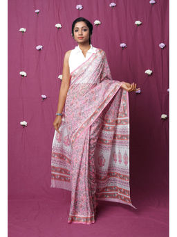 Unnati Silks - Pink Pure Hand Block Printed Kota Saree with Unstitched