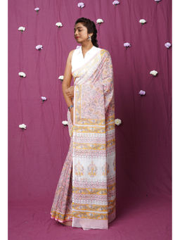 Unnati Silks - Pink Pure Hand Block Printed Kota Saree with Unstitched