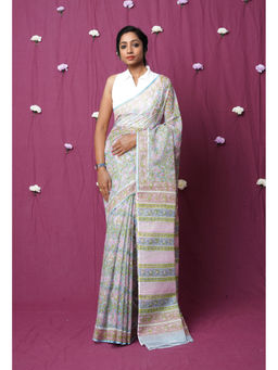 Unnati Silks - Blue Pure Hand Block Printed Kota Saree with Unstitched