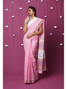 Unnati Silks - Pink Pure Hand Block Printed Kota Saree with Unstitched
