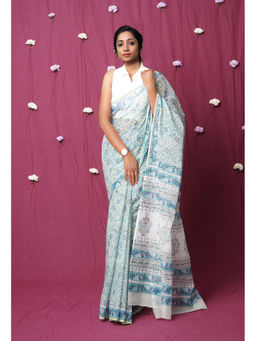 Unnati Silks - Green Pure Hand Block Printed Kota Saree with Unstitched