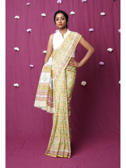 Unnati Silks - Yellow Pure Hand Block Printed Kota Saree with Unstitched
