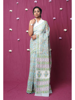Unnati Silks - Blue Pure Hand Block Printed Kota Saree with Unstitched
