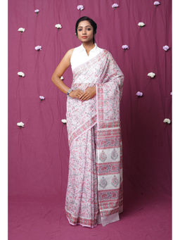 Unnati Silks - Pink Pure Hand Block Printed Kota Saree with Unstitched