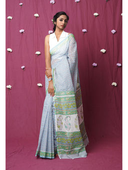 Unnati Silks - Blue Pure Hand Block Printed Kota Saree with Unstitched