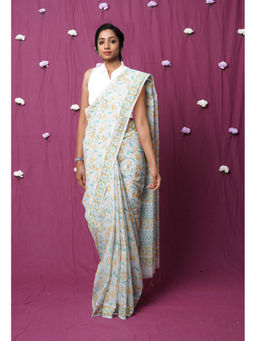 Unnati Silks - Grey Pure Hand Block Printed Kota Saree with Unstitched