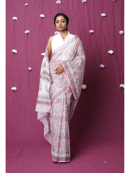 Unnati Silks - Pink Pure Hand Block Printed Kota Saree with Unstitched
