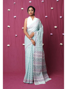 Unnati Silks - Green Pure Hand Block Printed Kota Saree with Unstitched