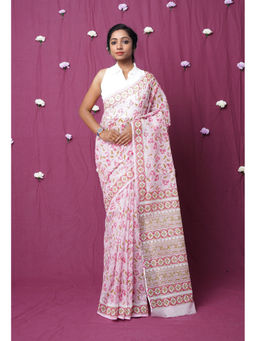 Unnati Silks - Pink Pure Hand Block Printed Kota Saree with Unstitched