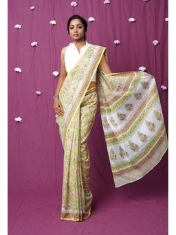 Unnati Silks - Yellow Pure Hand Block Printed Kota Saree with Unstitched