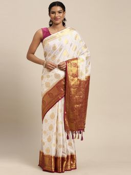 Mimosa - Women's Kanjivaram Crepe White Saree with Unstitched Blouse