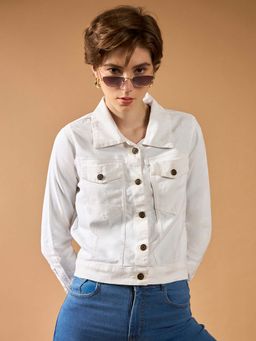 DOLCE CRUDO - Womens White Polo Neck Full Sleeves Denim Solid Cropped Jacket