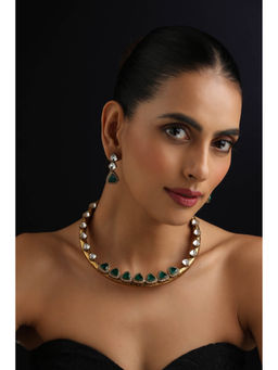 SWABHIMANN - Green Polki Hasli Necklace with Earrings