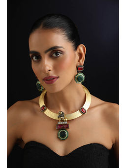 SWABHIMANN - Emerald and Ruby Hasli Multi-Color Necklace with Earrings