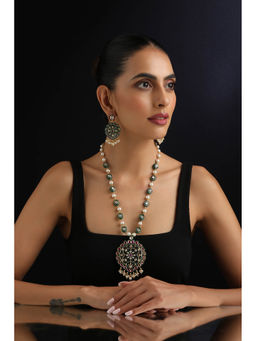 SWABHIMANN - Multi-Color Polki Inlay Long Necklace with Earrings