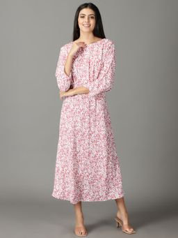 SHOWOFF - Womens Printed Round Neck Pink Midi Dress