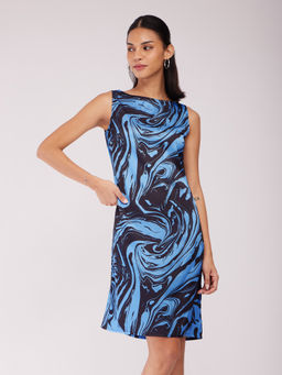 FableStreet - Marble Print Shift Knee Length Dress - Blue & Black