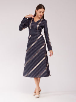FableStreet - Satin Fit & Flare Midi Dress with Attached Belt - Navy Blue