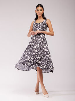 FableStreet - Boat Neck Fit & Flare Midi Dress - Grey & White