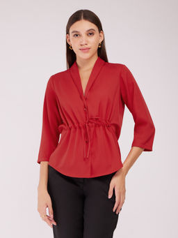 FableStreet - Shawl Collar Tie-Up Top - Red