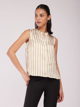 FableStreet - Satin Striped Top - Beige