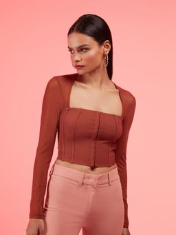 RSVP by Nykaa Fashion - Brown Square Full Sleeves Mesh Short Top