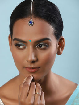 Ruby Raang Studio - Nai Fiza Silver and Blue Kundan with American Diamond Detail Maang Tikka