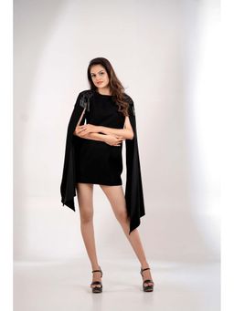 DOORS DESIGNS - Women Black Solid Bodycon Mini Dress with Sheer Cape Sleeves