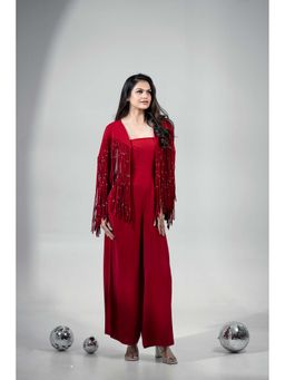 DOORS DESIGNS - Women Red Stretchable Crepe Solid Jumpsuit with Fringe Cape