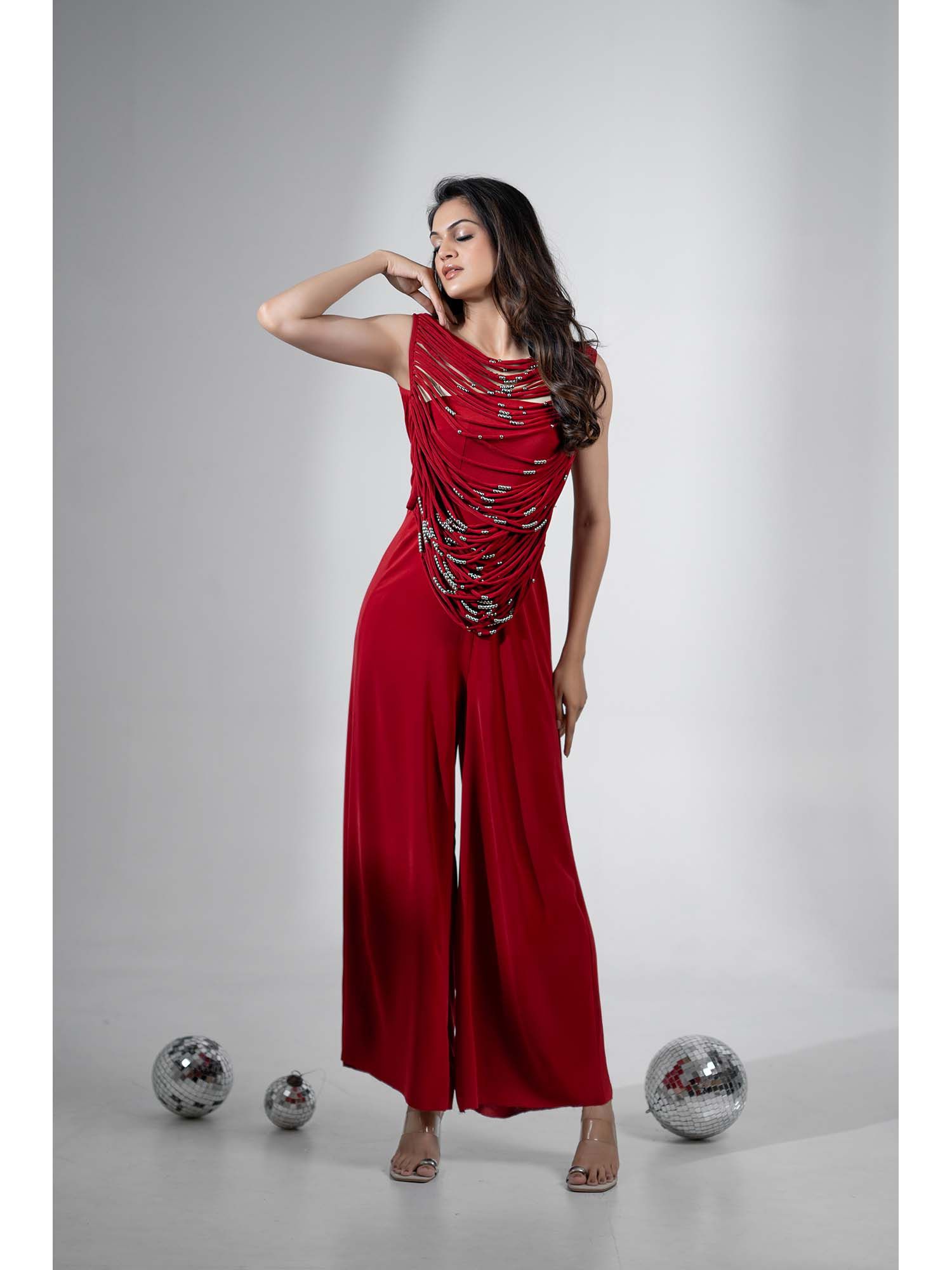 doors designs Maroon Women Red Stretchable Crepe Solid Jumpsuit with Dory Top-picture-16
