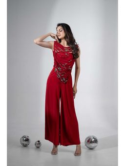 DOORS DESIGNS - Maroon Women Red Stretchable Crepe Solid Jumpsuit with Dory Top