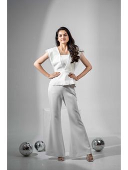 DOORS DESIGNS - Women Off White Stretchable Crepe Solid Top with Pant
