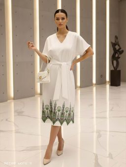 DOORS DESIGNS - White Printed Banana Midi Dress with Belt