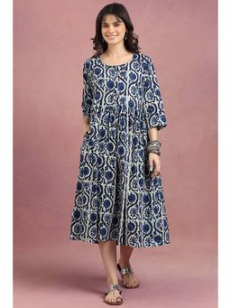 TAHILIYA - Blue Dabo Hand Block Printed A-Line Cotton Dress Ethnic
